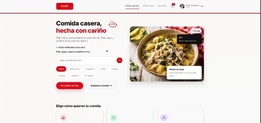 Página principal de Cheft con el buscador, los filtros por tipo de comida y las tres modalidades de compra.