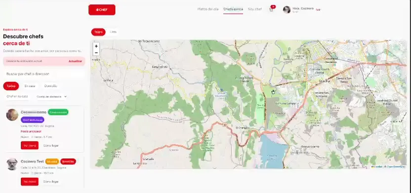 Mapa de Cheft con los cocineros cercanos, sus tarjetas de perfil, la distancia y los filtros por modalidad.