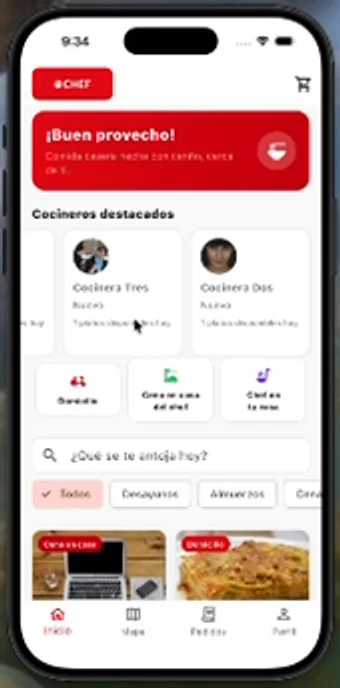 Aplicación móvil de Cheft mostrando cocineros destacados, las tres modalidades y el buscador de platos.