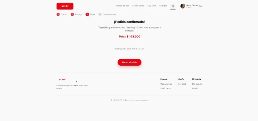 Pantalla de confirmación de pedido en Cheft con el total de la compra y la franja de entrega.